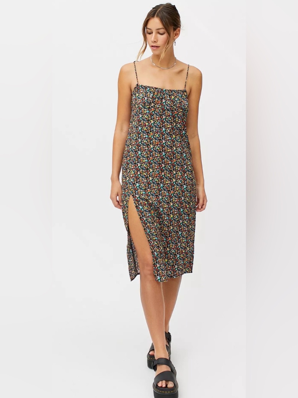 Motel Rocks Floral Midi Dress with Side Slit - Black Multi